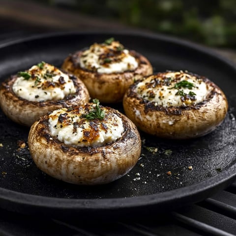 Four mushrooms with cheese on a grill.