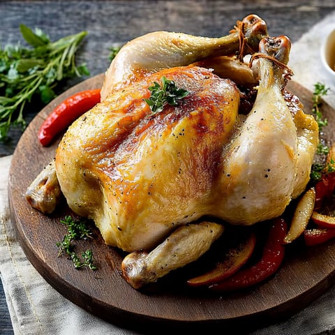 A whole cooked chicken on a wooden cutting board.