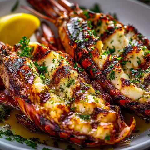 A plate of grilled lobster with herbs.