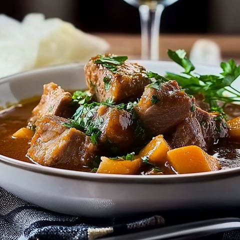 A bowl of beef stew with a glass of wine.