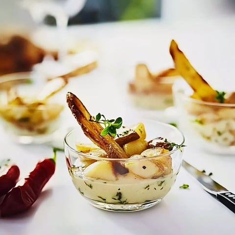 A bowl of food with a fork and knife next to it.