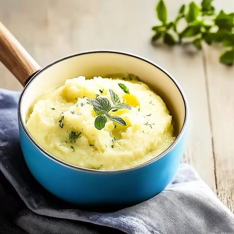 A bowl of mashed potatoes with herbs on top.