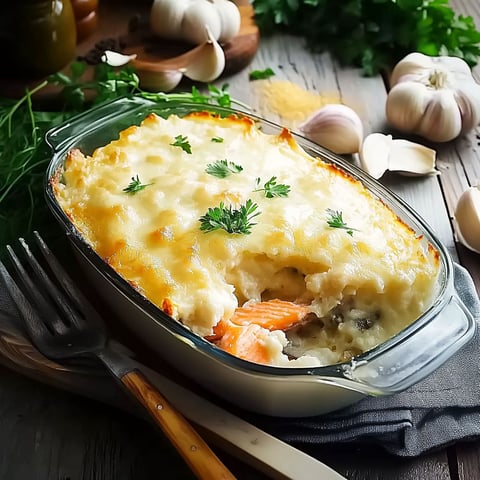 A dish of food with a fork and spoon on the side.