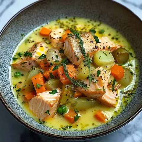 A bowl of soup with fish and vegetables.