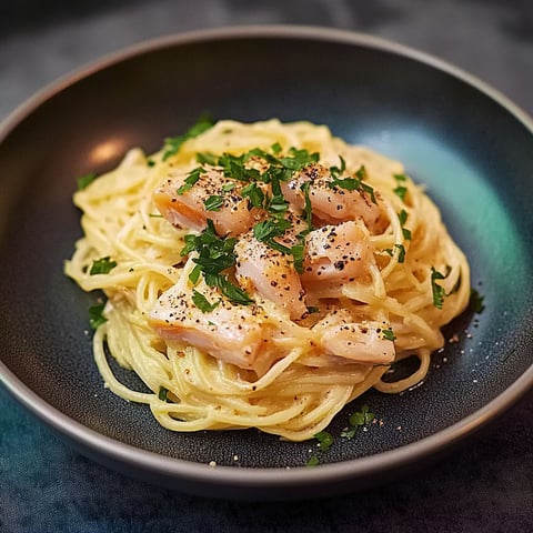 A bowl of pasta with shrimp and herbs.