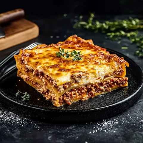 A lasagna with meat sauce and cheese on a black plate.