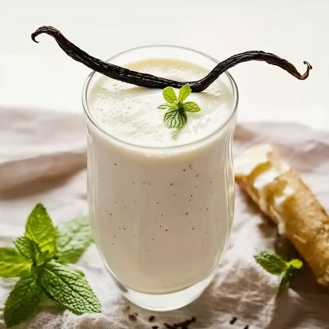 A glass of milk shake with a mint garnish.