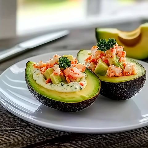 Two avocados filled with crab meat, mayonnaise, and Tabasco.
