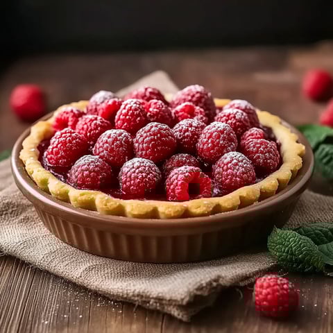 A close up of a raspberry tart with a brown crust.