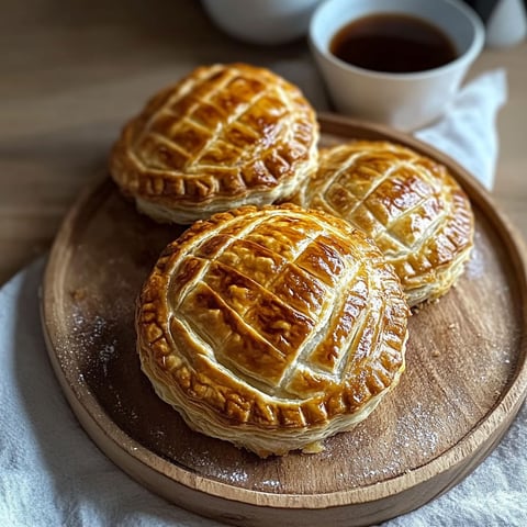 Two mini galettes des rois maison on a wooden board.
