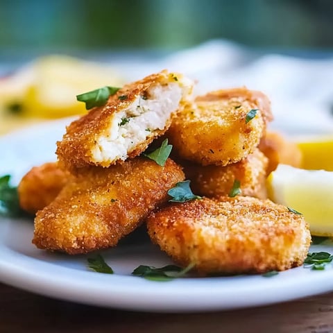 A plate of breaded chicken nuggets with herbs on top.