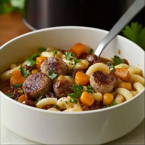 A bowl of macaroni and meatballs with carrots.