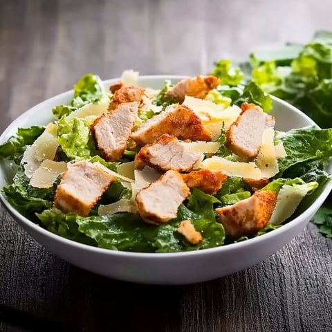 A bowl of salad with chicken and cheese.