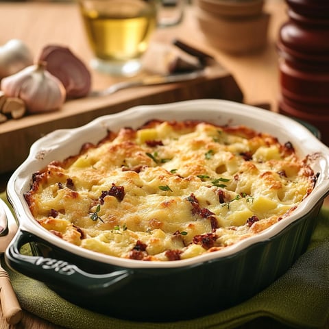 A dish of food with the word tartiflette on it.