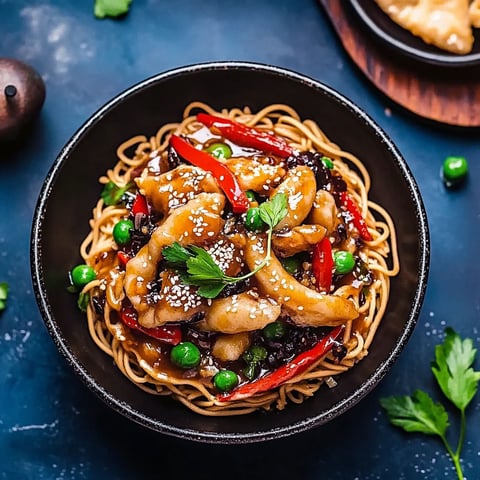A bowl of noodles with chicken and peppers.