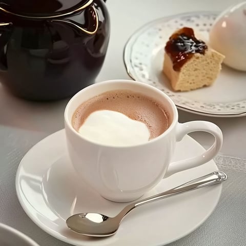 A cup of tea with a spoon in it.