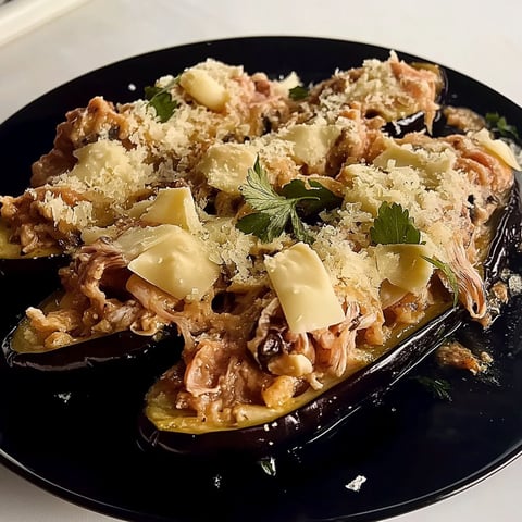 A plate of food with aubergines farcies au thon.