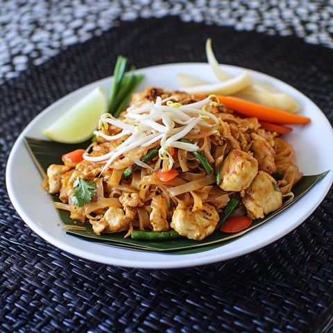 A plate of Pad Thai with vegetables.
