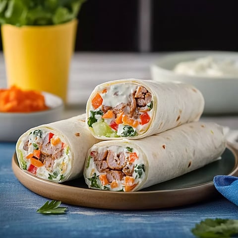 A wrap with meat and vegetables on a plate.