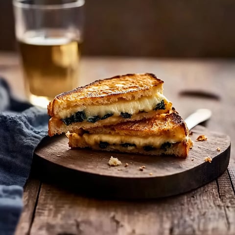 A croque-monsieur sandwich with smoked salmon and spinach.