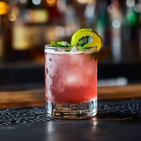 A glass of pink cocktail with a lime wedge on the side.