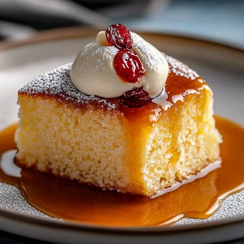 A slice of gâteau de semoule grand-mère with a dollop of whipped cream on top.