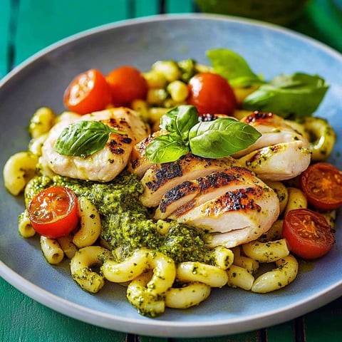 A plate of pasta with chicken and tomatoes.