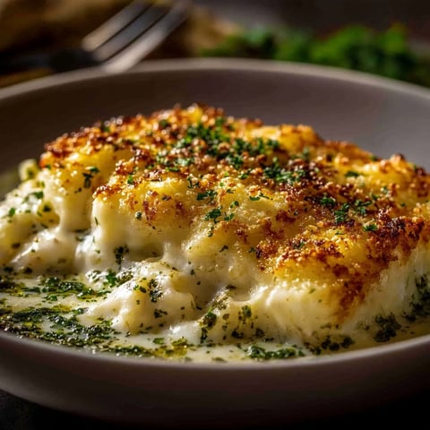 A plate of food with a white sauce and green herbs.