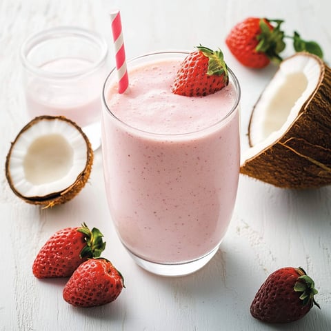 A glass of smoothie with strawberries and coconut.