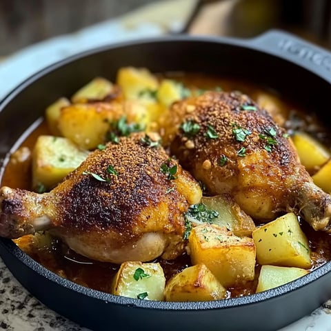 A dish of chicken with potatoes and herbs.