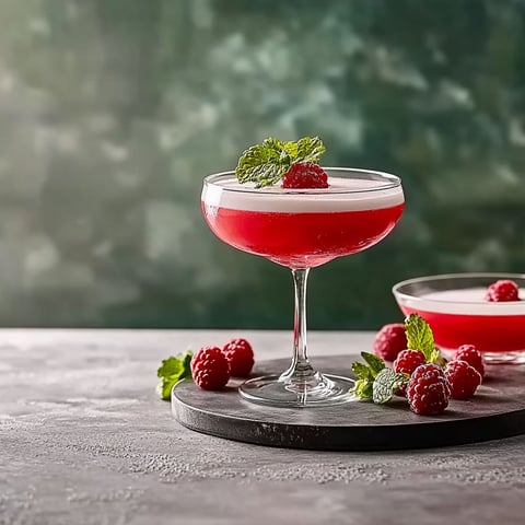 A glass of red wine with a raspberry on top.