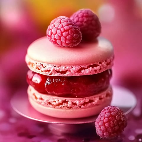 A macaron with raspberry jam and a raspberry on top.