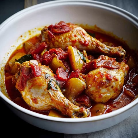 A bowl of chicken with tomatoes and peppers.