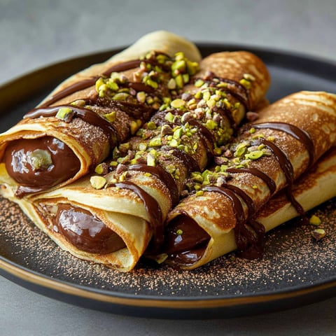 A plate of crêpes with chocolate and pistachio toppings.
