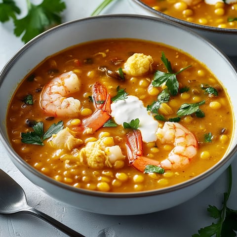 A bowl of soup with shrimp and cauliflower.