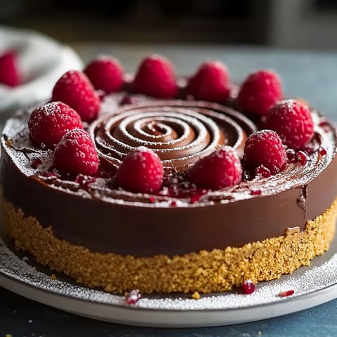 A chocolate cake with raspberries on top.