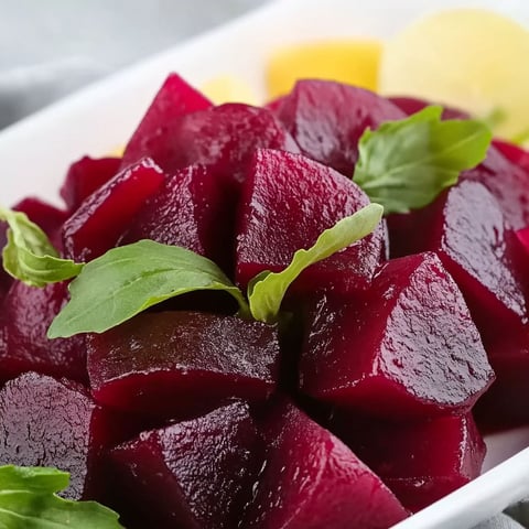 A plate of beets with a green garnish.