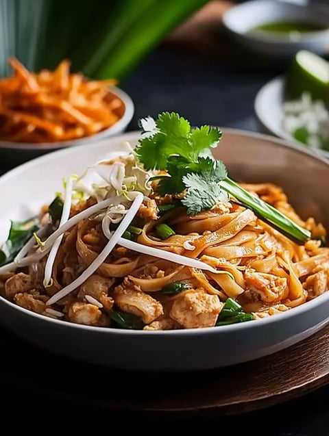 A bowl of Pad Thai noodles with vegetables and meat.