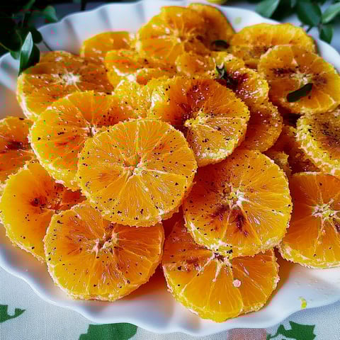 A plate of oranges with seeds.