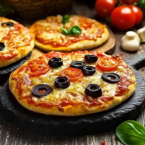 A mini pizza with black olives and tomatoes.
