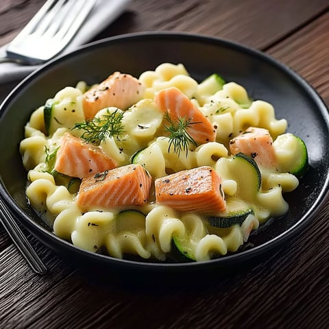 A plate of pasta with salmon and zucchini.