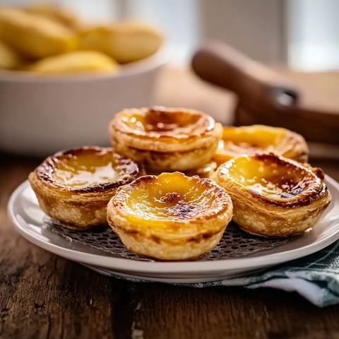 A plate of four Pasteis de nata.