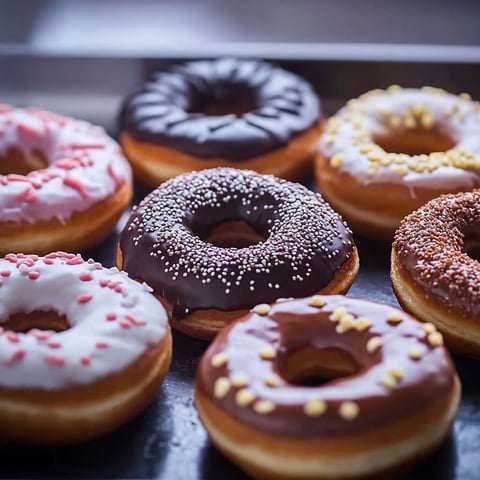 A tray of assorted donuts.